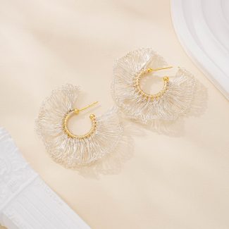 silver wire lace fan hoop earrings