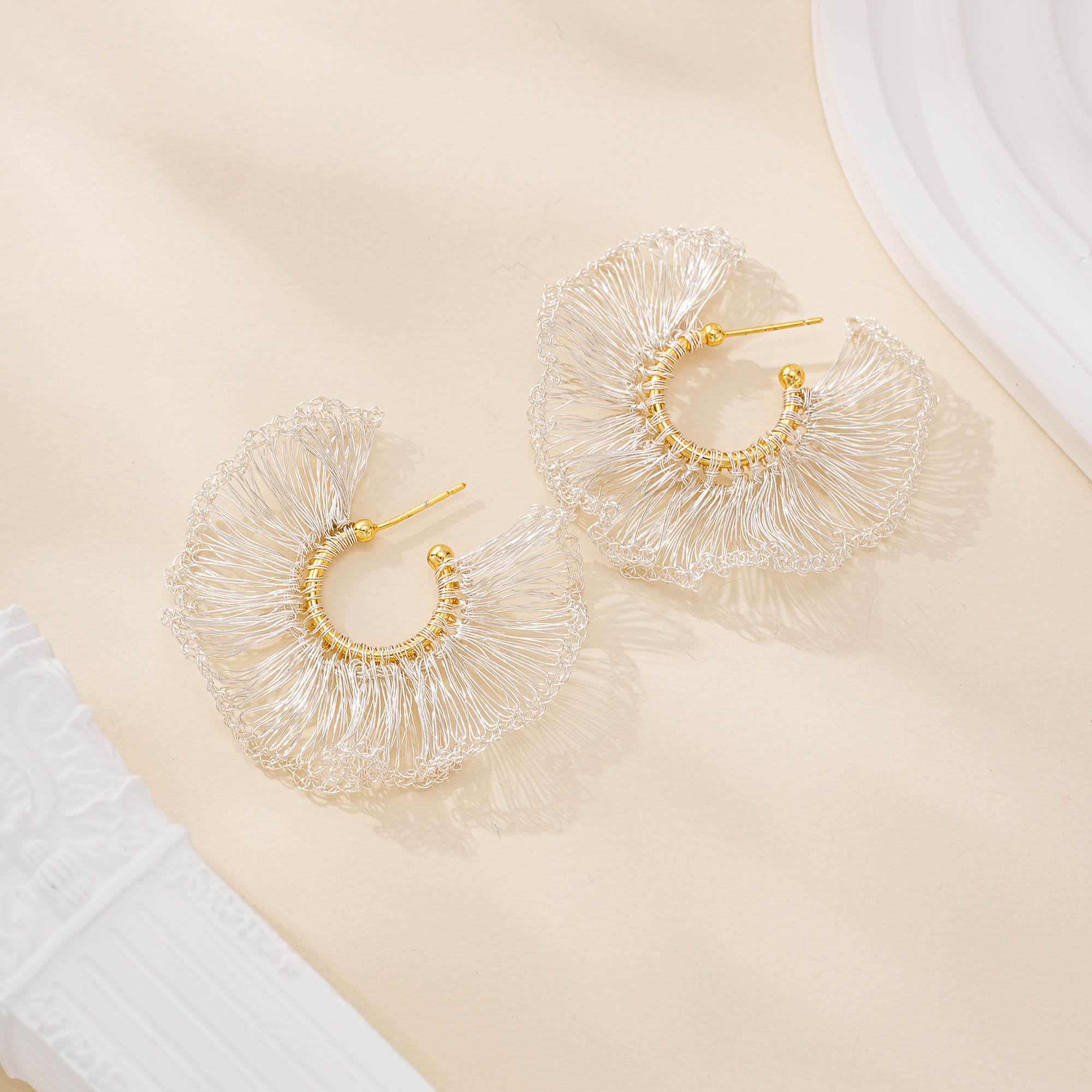 silver wire lace fan hoop earrings