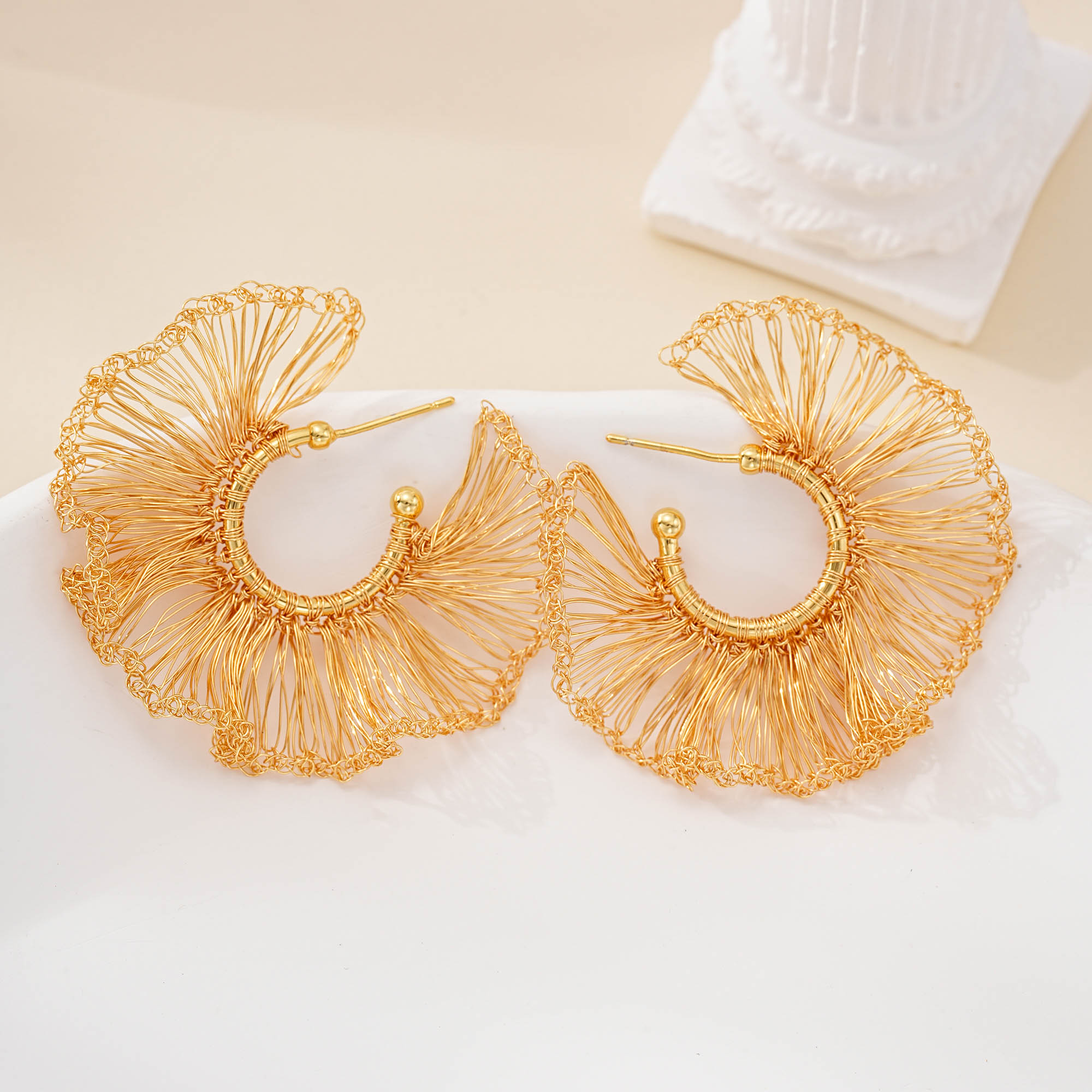 gold wire lace fan hoop earrings