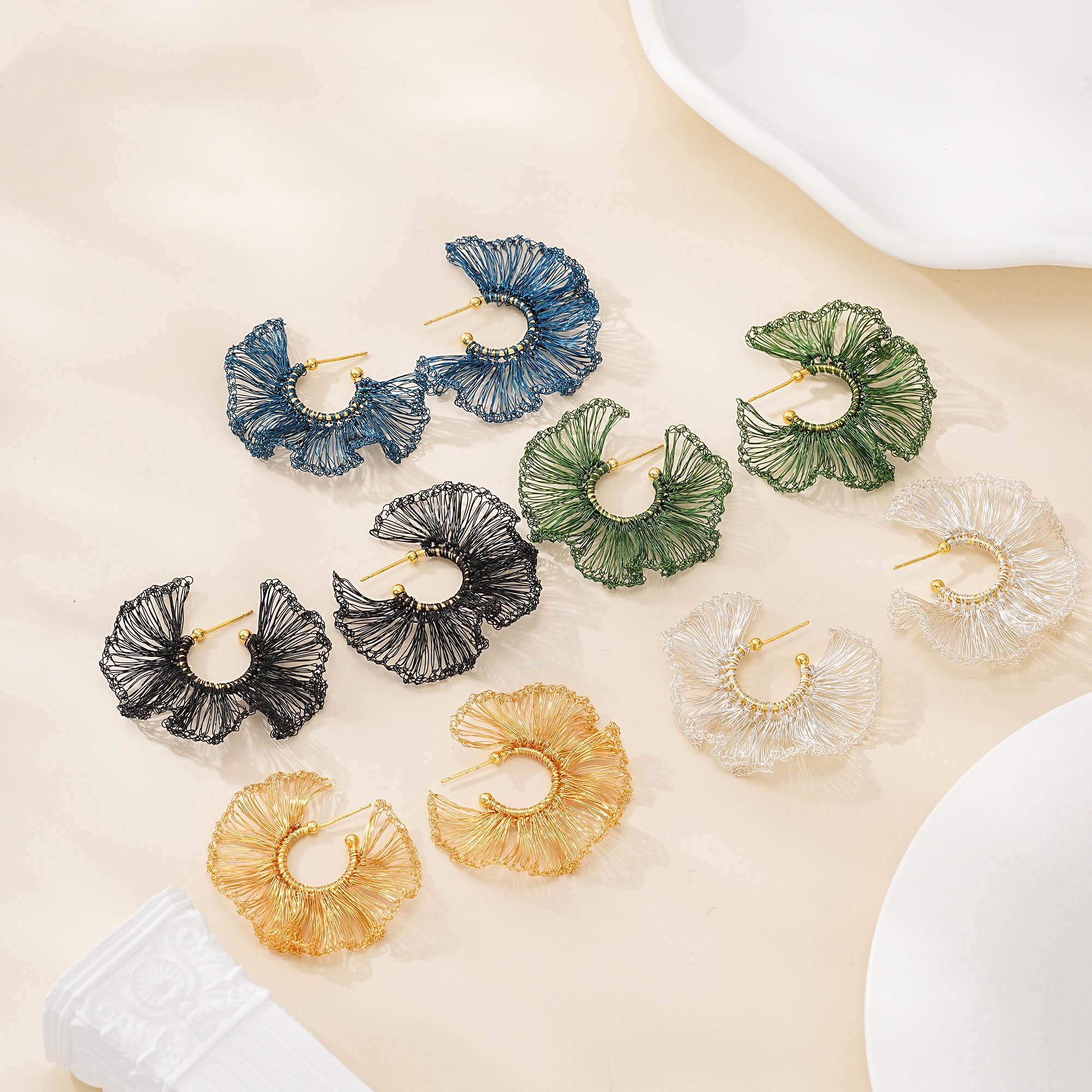 five colors of wire lace fan hoop earrings