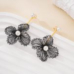 Alternate view of Black Wire Flower Pearl Dangle Earrings