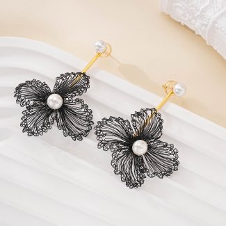 Alternate view of Black Wire Flower Pearl Dangle Earrings