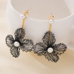 Wirework detail of Black Wire Flower Pearl Dangle Earrings