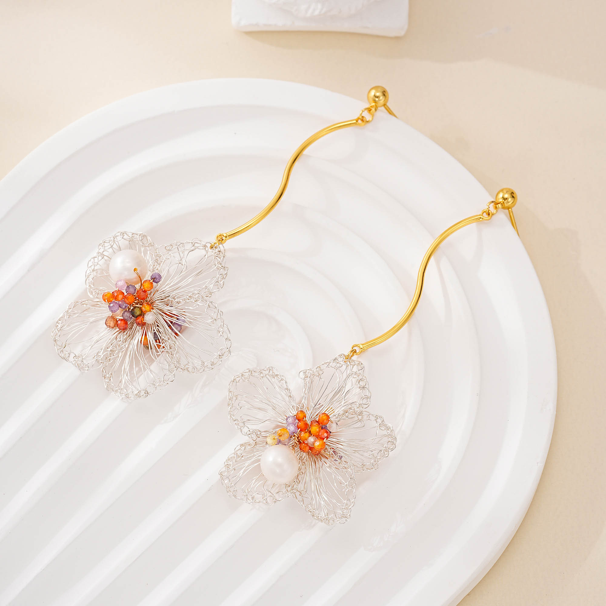 Alternate view of Silver Wire Bloom Bead Drop Earrings