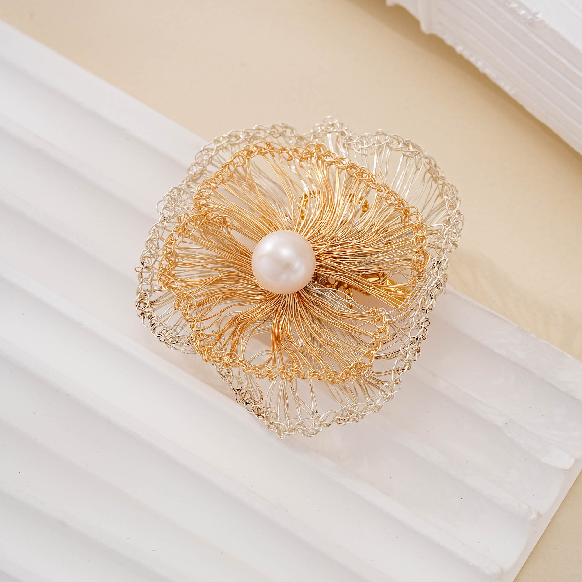 Alternate view of Two-Tone Ripple Pearl Flower Brooch