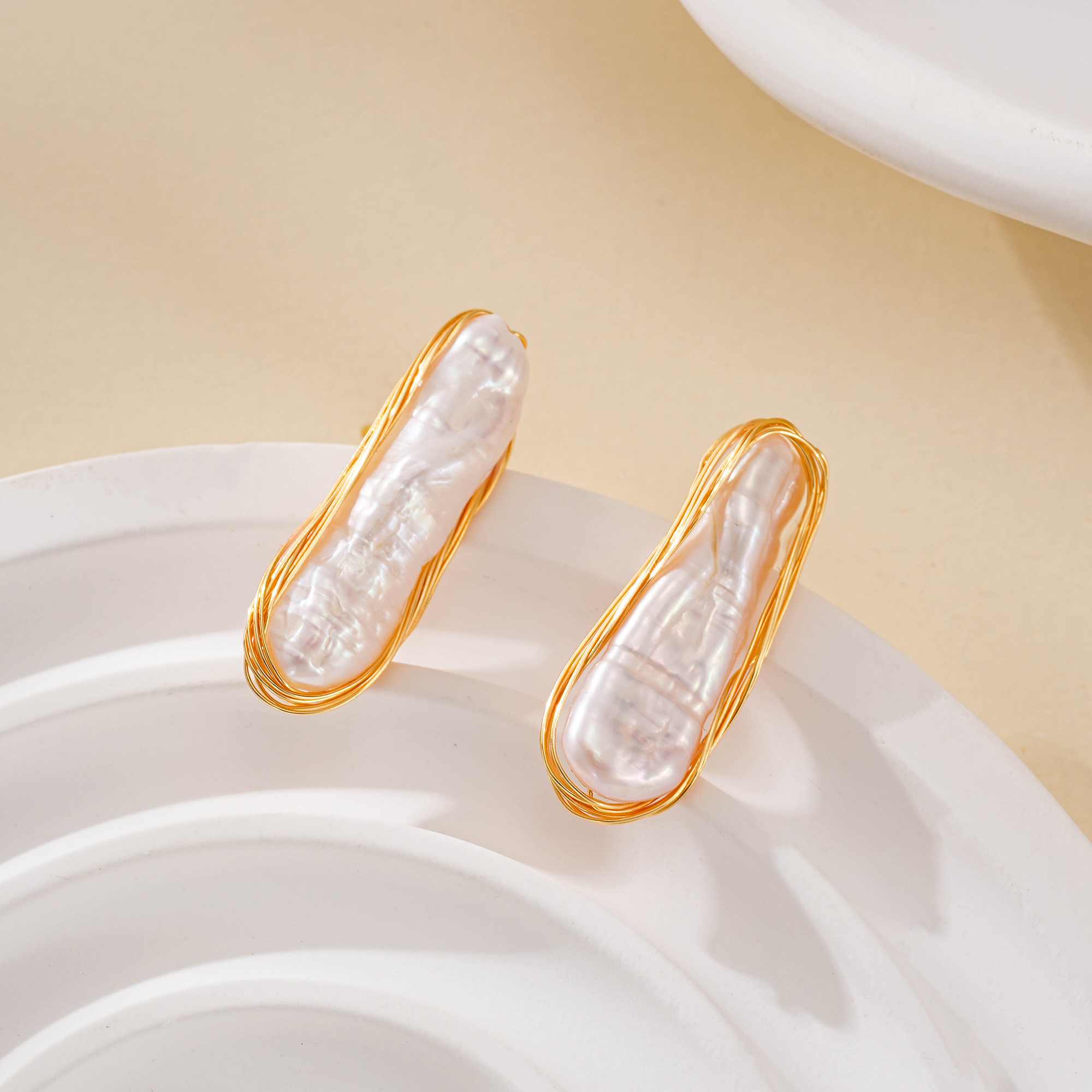 Close-up of the organic surface of elongated baroque pearls