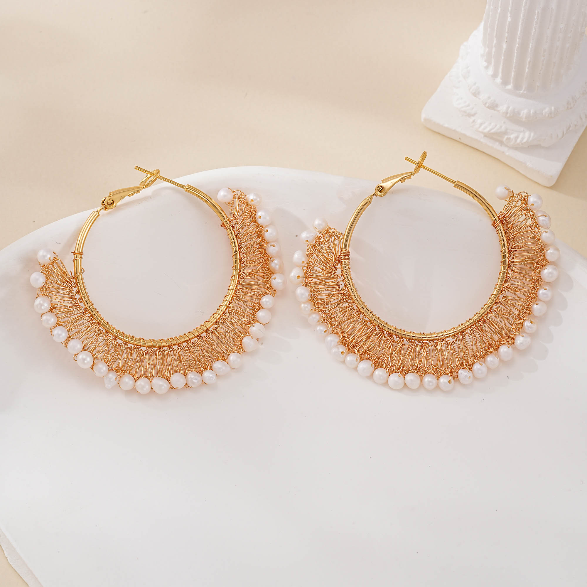 gold-finish wire lace pearl fan hoops
