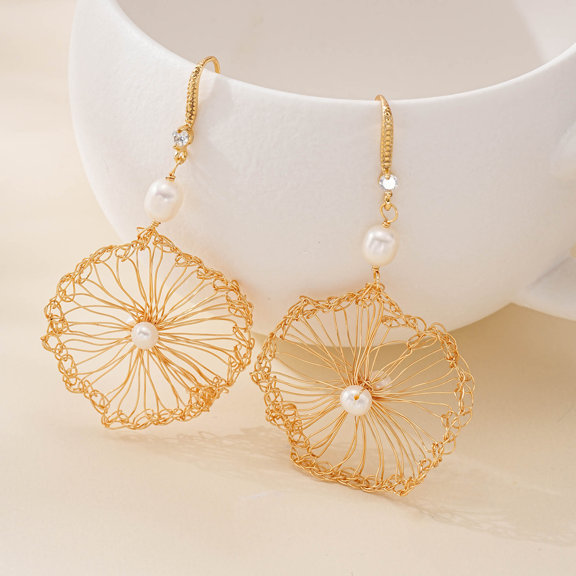 Wirework detail of Openwork Pearl Flower Drop Earrings