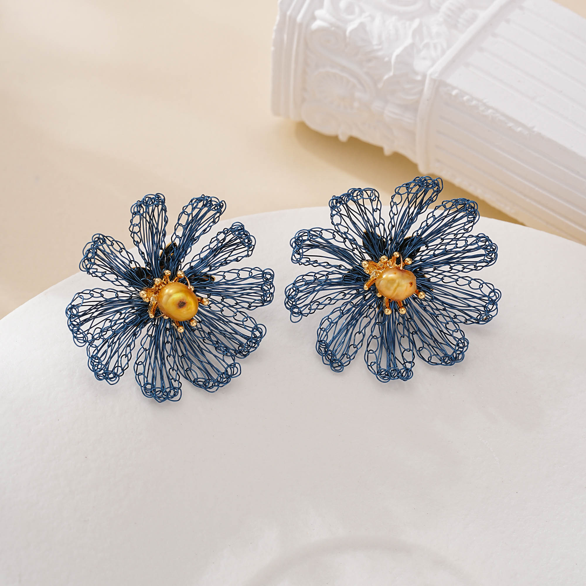 Wirework detail of Midnight Blue Daisy Pearl Earrings