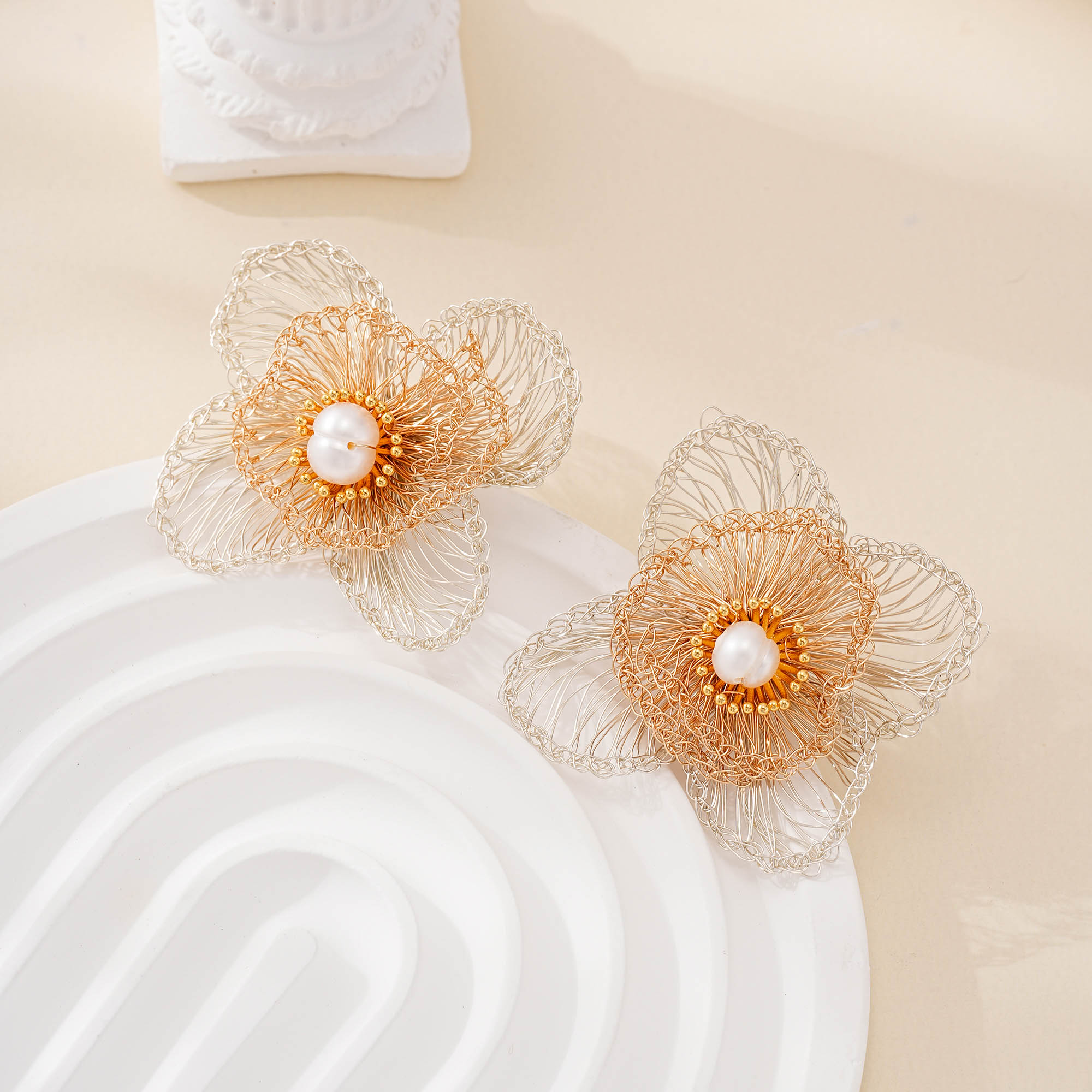 Alternate view of Two-Tone Four-Petal Pearl Earrings