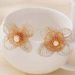 Wirework detail of Two-Tone Four-Petal Pearl Earrings