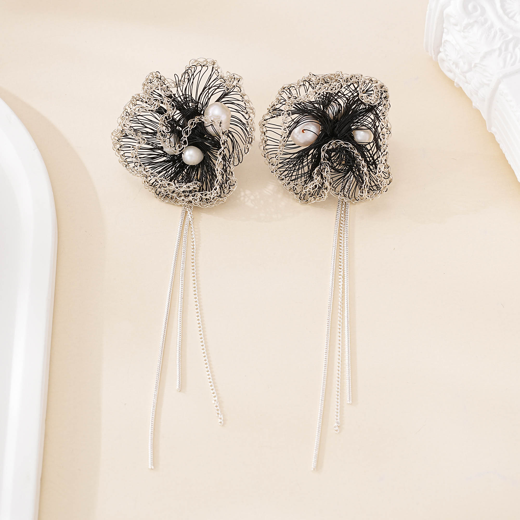 Alternate view of Black Wire Pearl Tassel Earrings