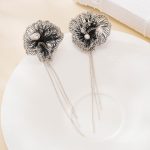 Wirework detail of Black Wire Pearl Tassel Earrings