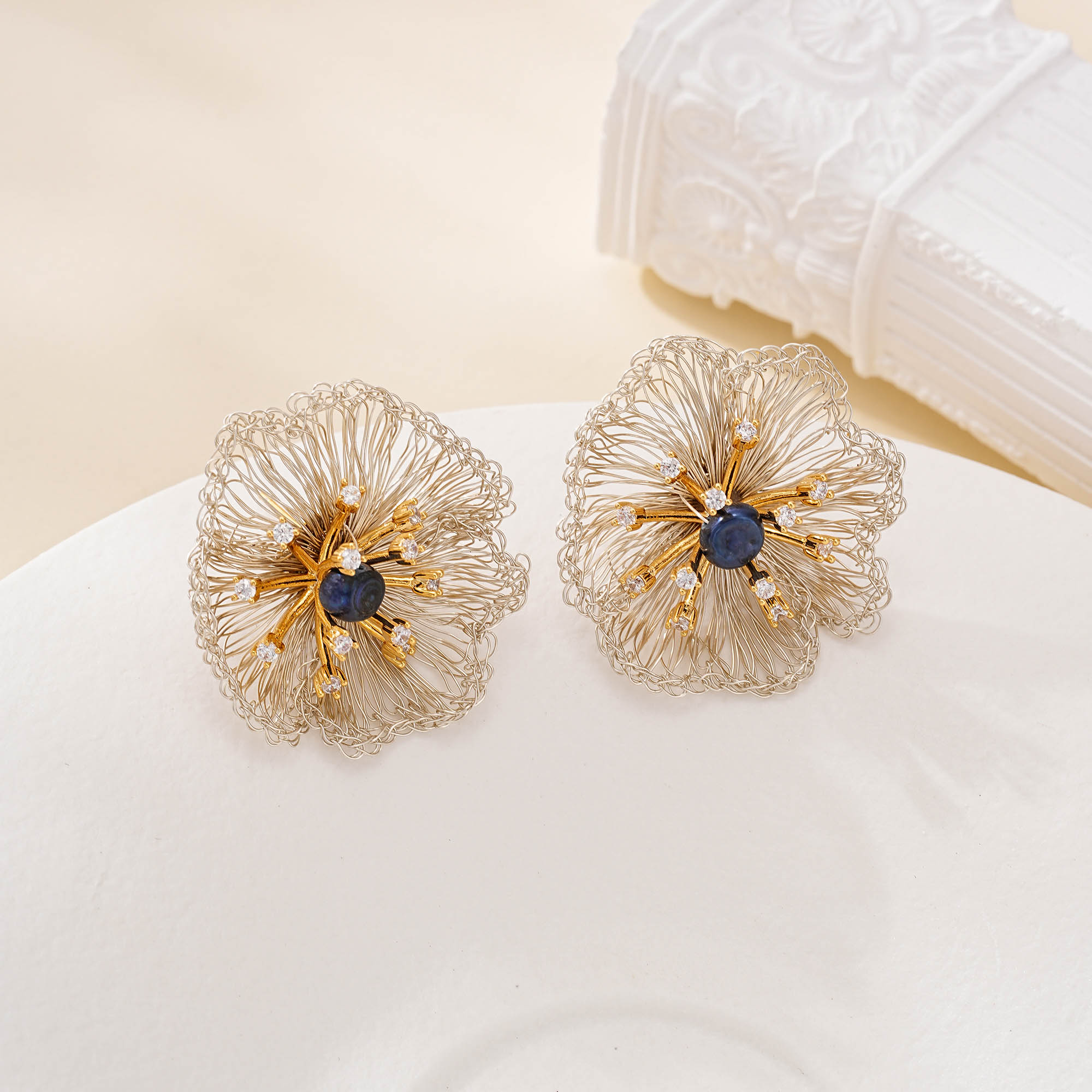 Alternate view of Blue Pearl Wire Flower Stud Earrings