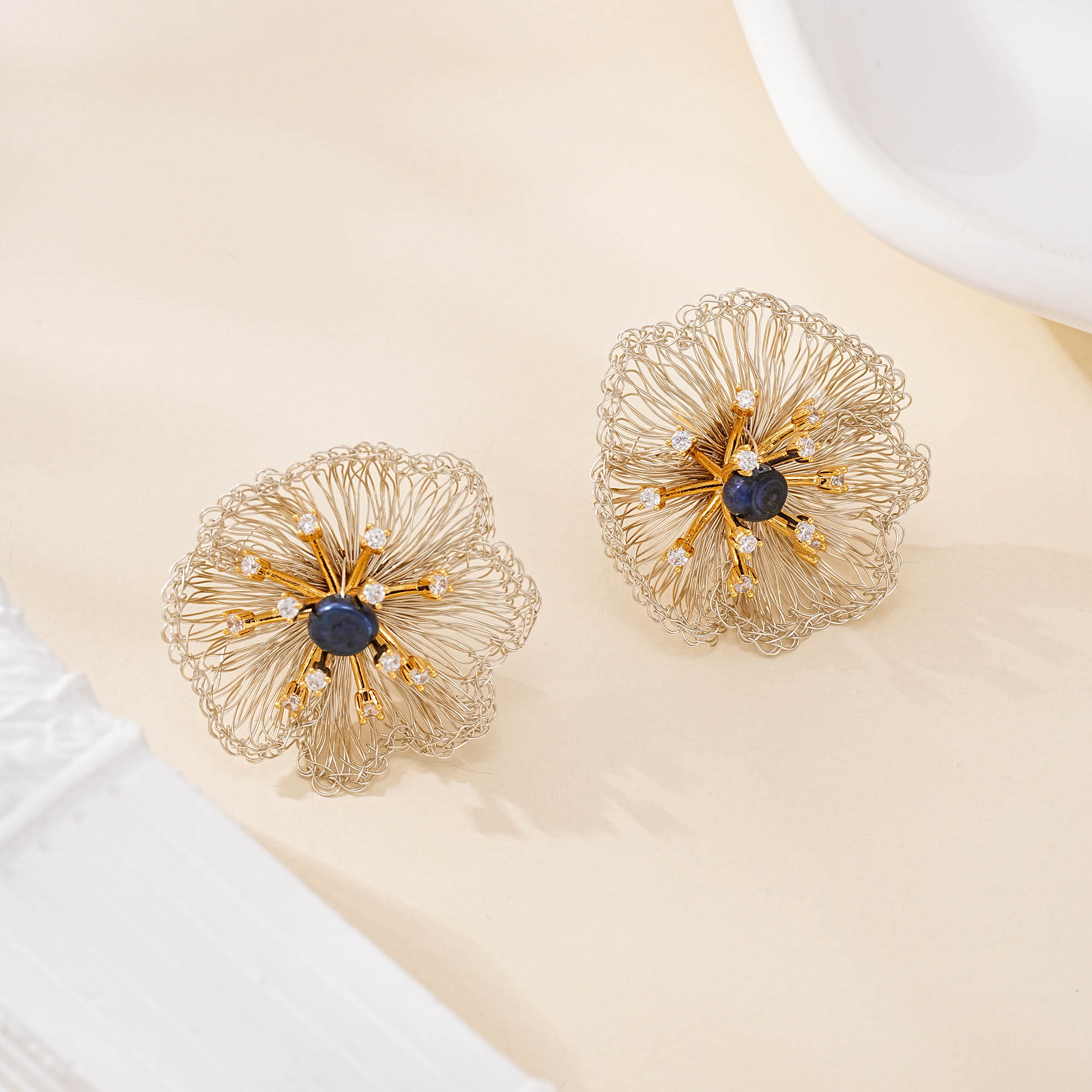 Wirework detail of Blue Pearl Wire Flower Stud Earrings