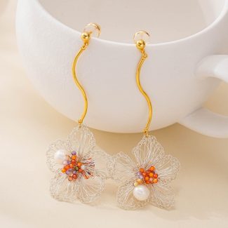 Silver Wire Bloom Bead Drop Earrings — hand-crocheted wire jewelry