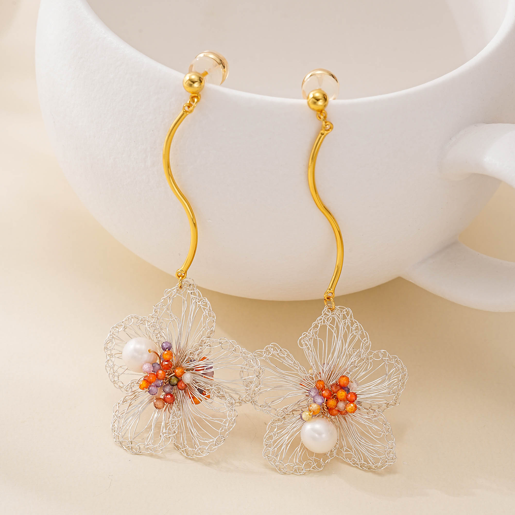 Silver Wire Bloom Bead Drop Earrings — hand-crocheted wire jewelry