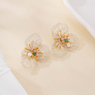 Silver Wire Flower Pearl Drop Earrings — hand-crocheted wire jewelry