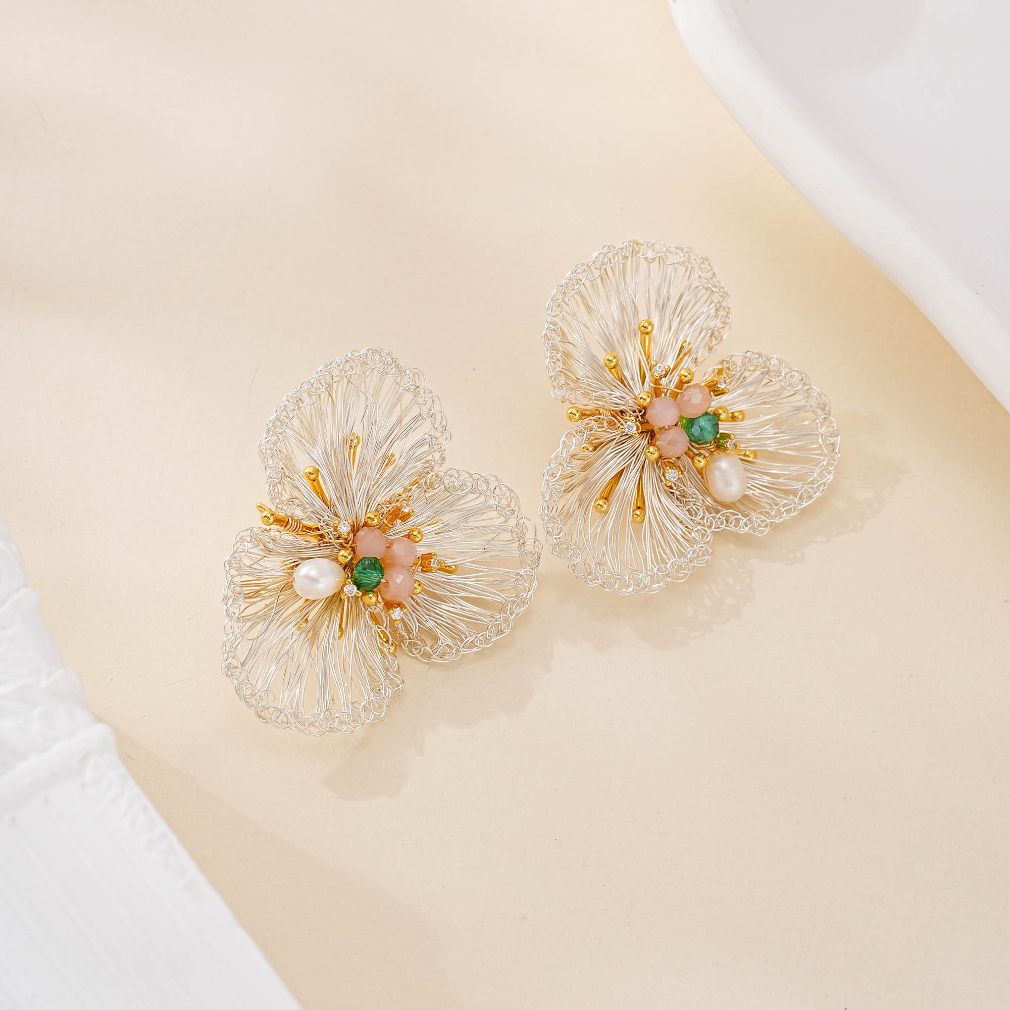 Silver Wire Flower Pearl Drop Earrings — hand-crocheted wire jewelry