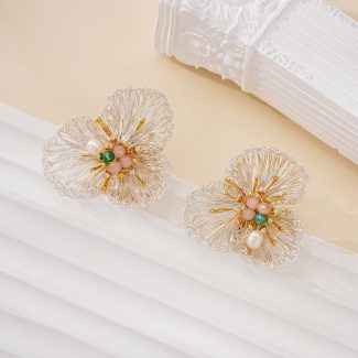 Alternate view of Silver Wire Flower Pearl Drop Earrings