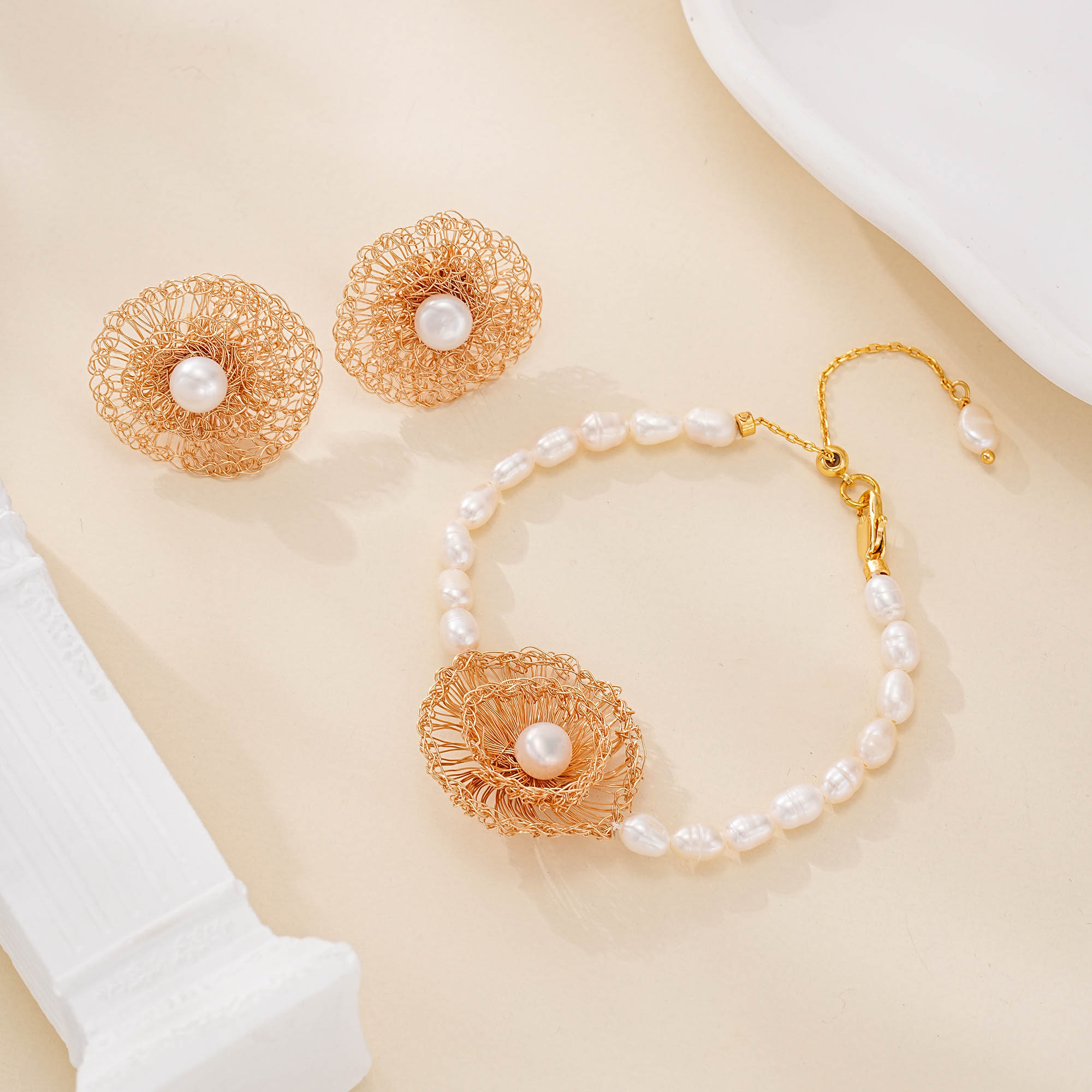 Spiral Flower Pearl Earrings & Bracelet Set — product view