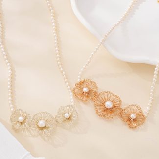 Three Flower Pearl Strand Necklace — hand-crocheted wire jewelry