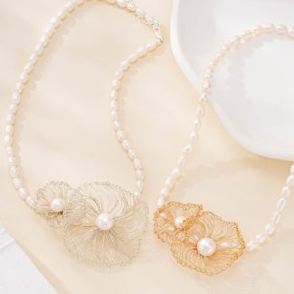 Twin Wire Flower Pearl Choker Necklace — hand-crocheted wire jewelry