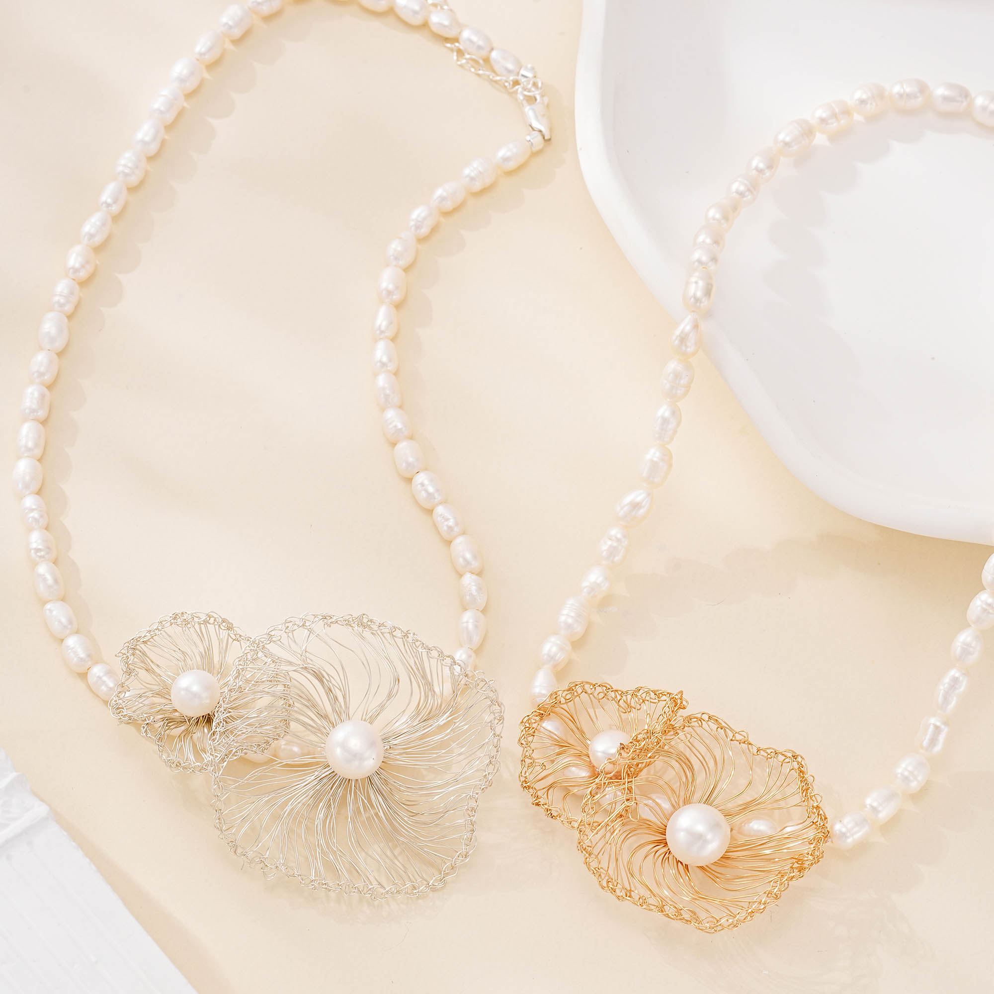 Twin Wire Flower Pearl Choker Necklace — hand-crocheted wire jewelry