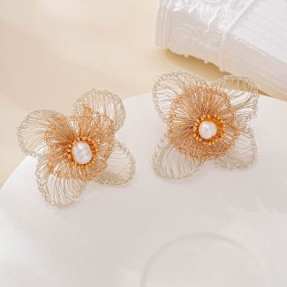 Two-Tone Four-Petal Pearl Earrings — hand-crocheted wire jewelry