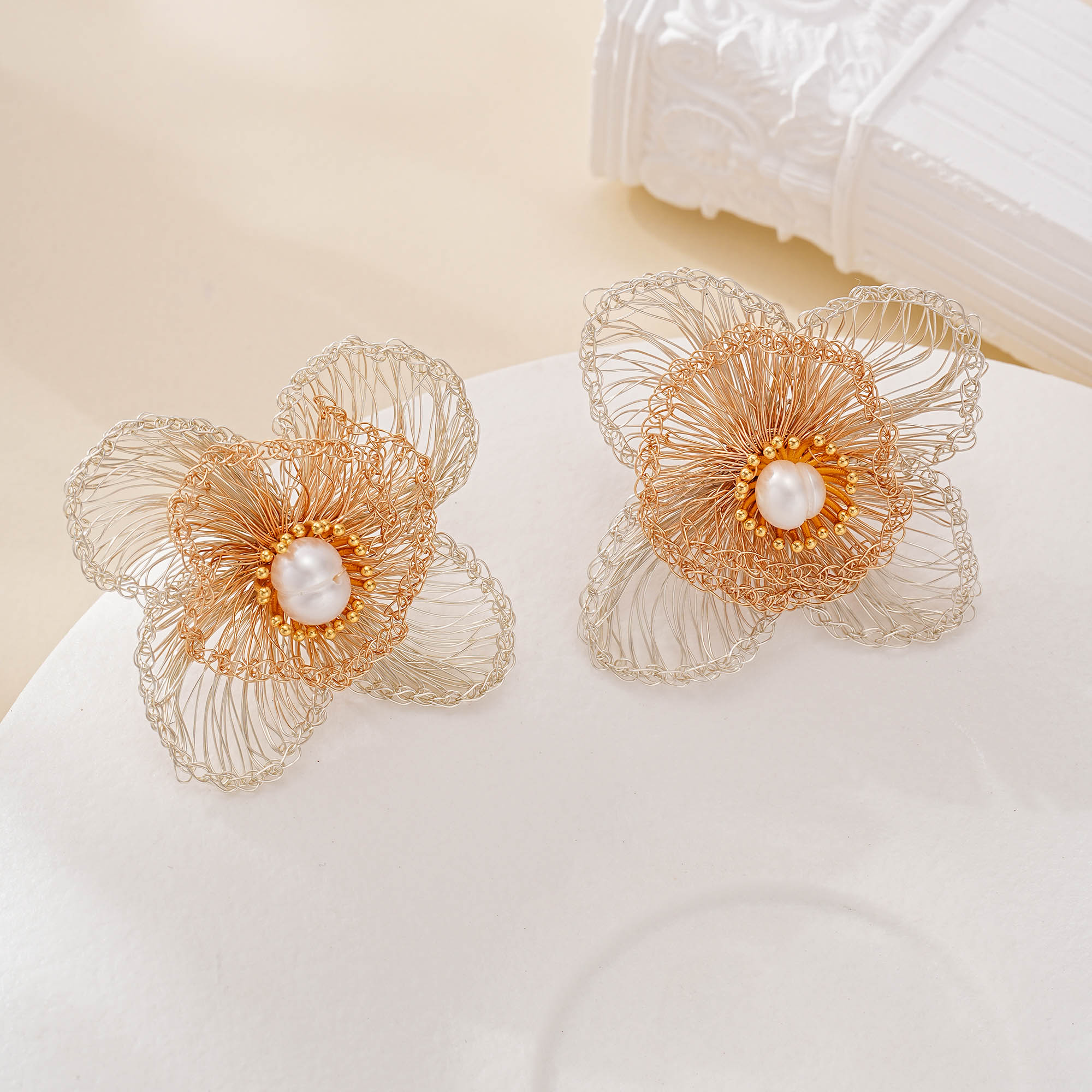 Two-Tone Four-Petal Pearl Earrings — hand-crocheted wire jewelry