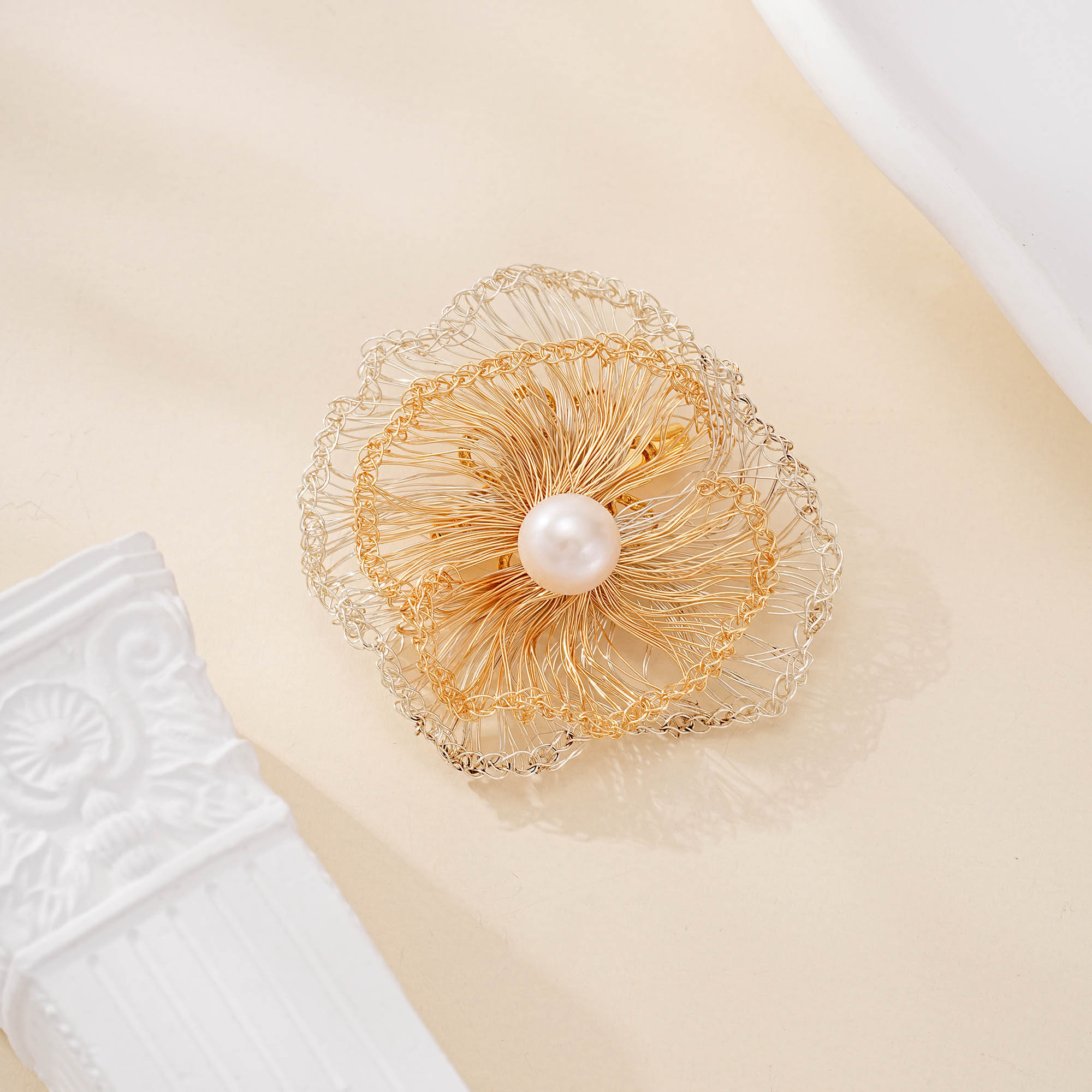 Two-Tone Ripple Pearl Flower Brooch — hand-crocheted wire jewelry