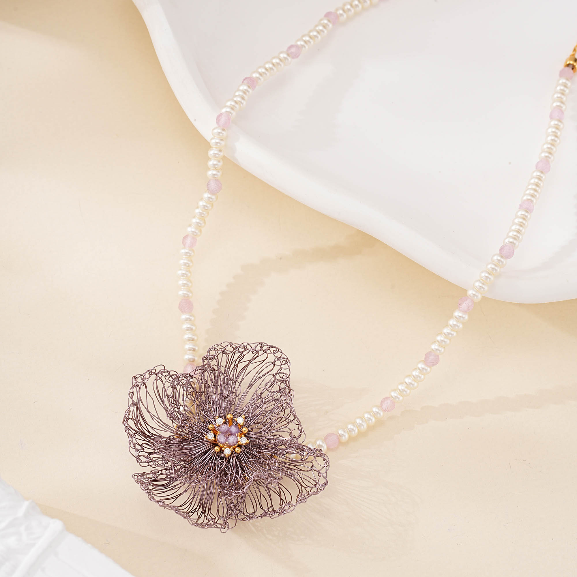 Violet Wire Flower Pearl Choker Necklace — hand-crocheted wire jewelry