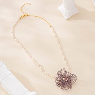 Alternate view of Violet Wire Flower Pearl Choker Necklace