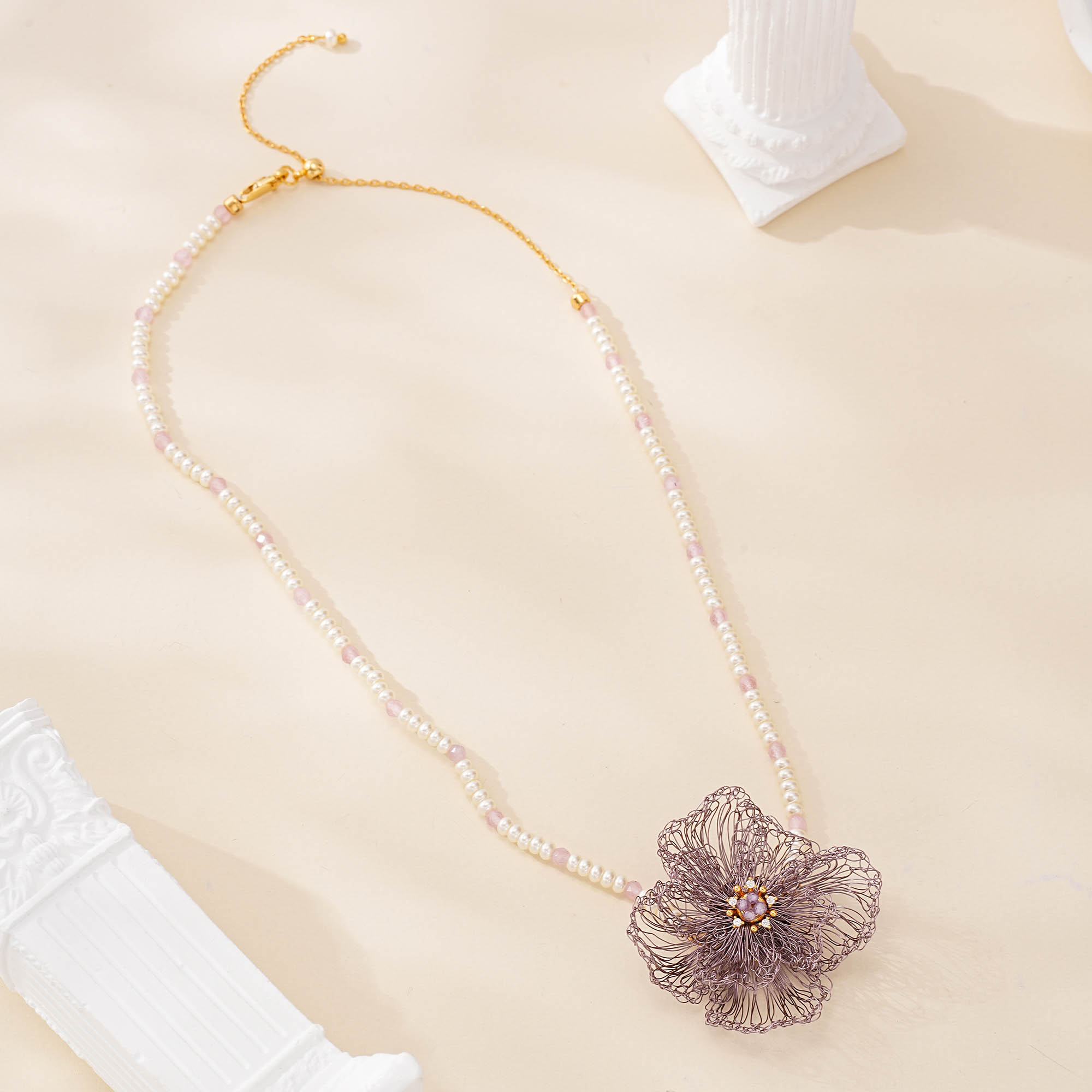 Alternate view of Violet Wire Flower Pearl Choker Necklace