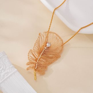 Wire Feather Detachable Brooch Necklace — hand-crocheted wire jewelry