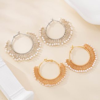 Wire Lace Pearl Fan Hoop Earrings — hand-crocheted wire jewelry