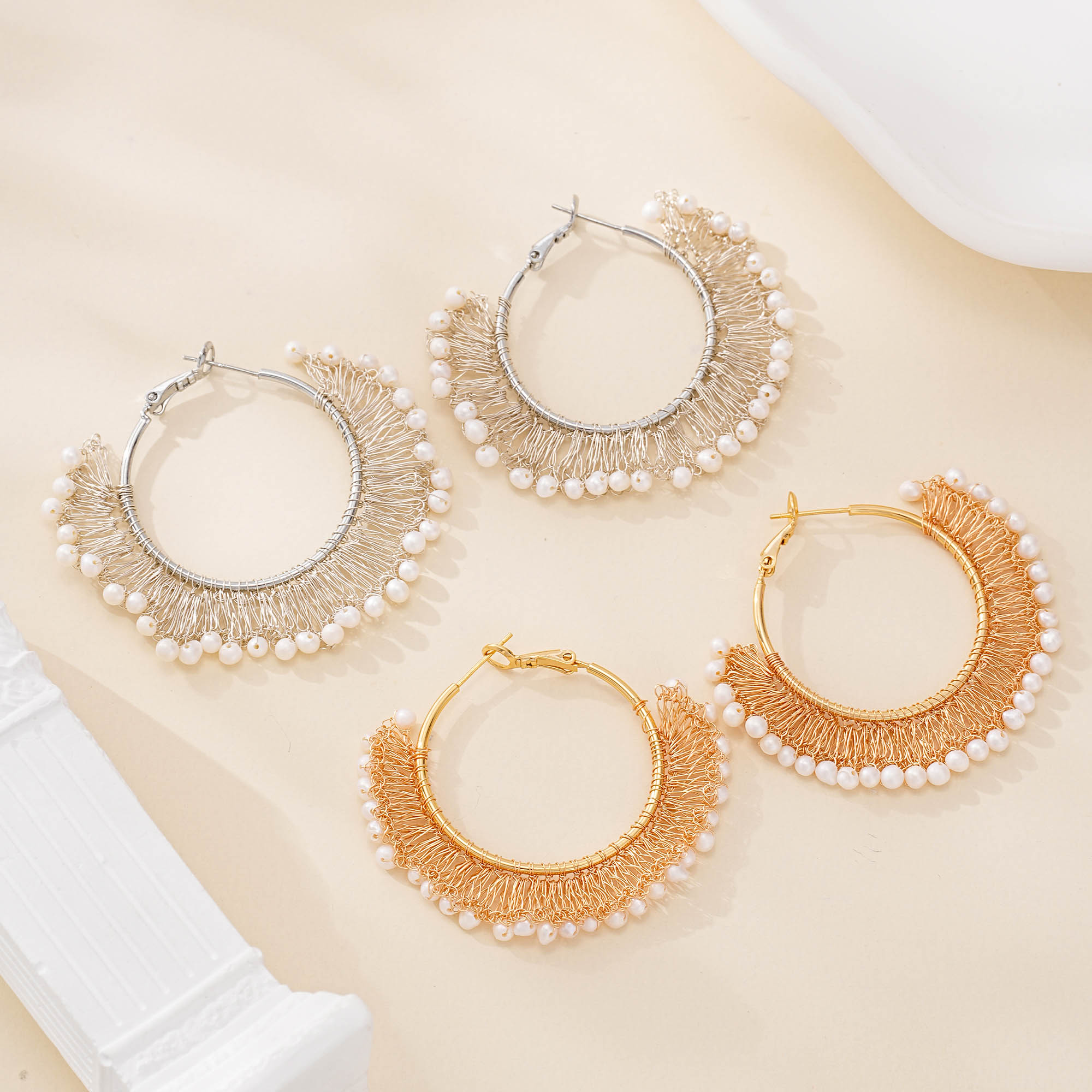 Wire Lace Pearl Fan Hoop Earrings — hand-crocheted wire jewelry