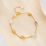 Bracelet with pearl accents, pastel oval stones and gold-tone beads