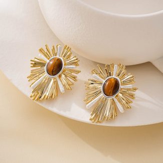 Tiger's eye stud earrings with radiating sunburst settings