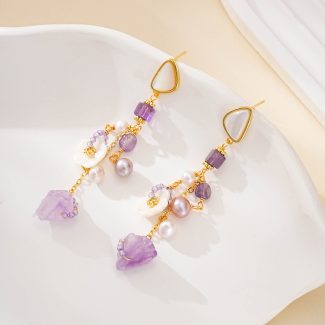 Amethyst and pearl tassel earrings with white floral accents
