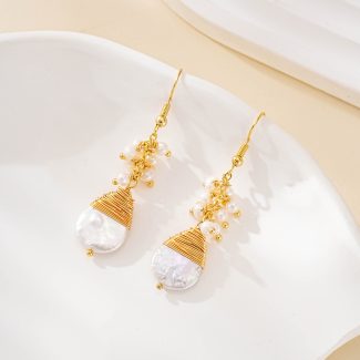 Baroque pearl drop earrings with gold wire wrapping