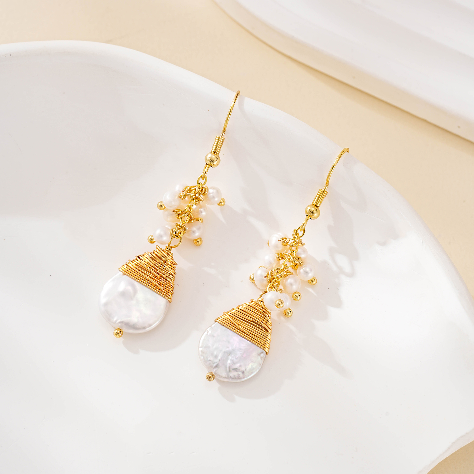 Baroque pearl drop earrings with gold wire wrapping