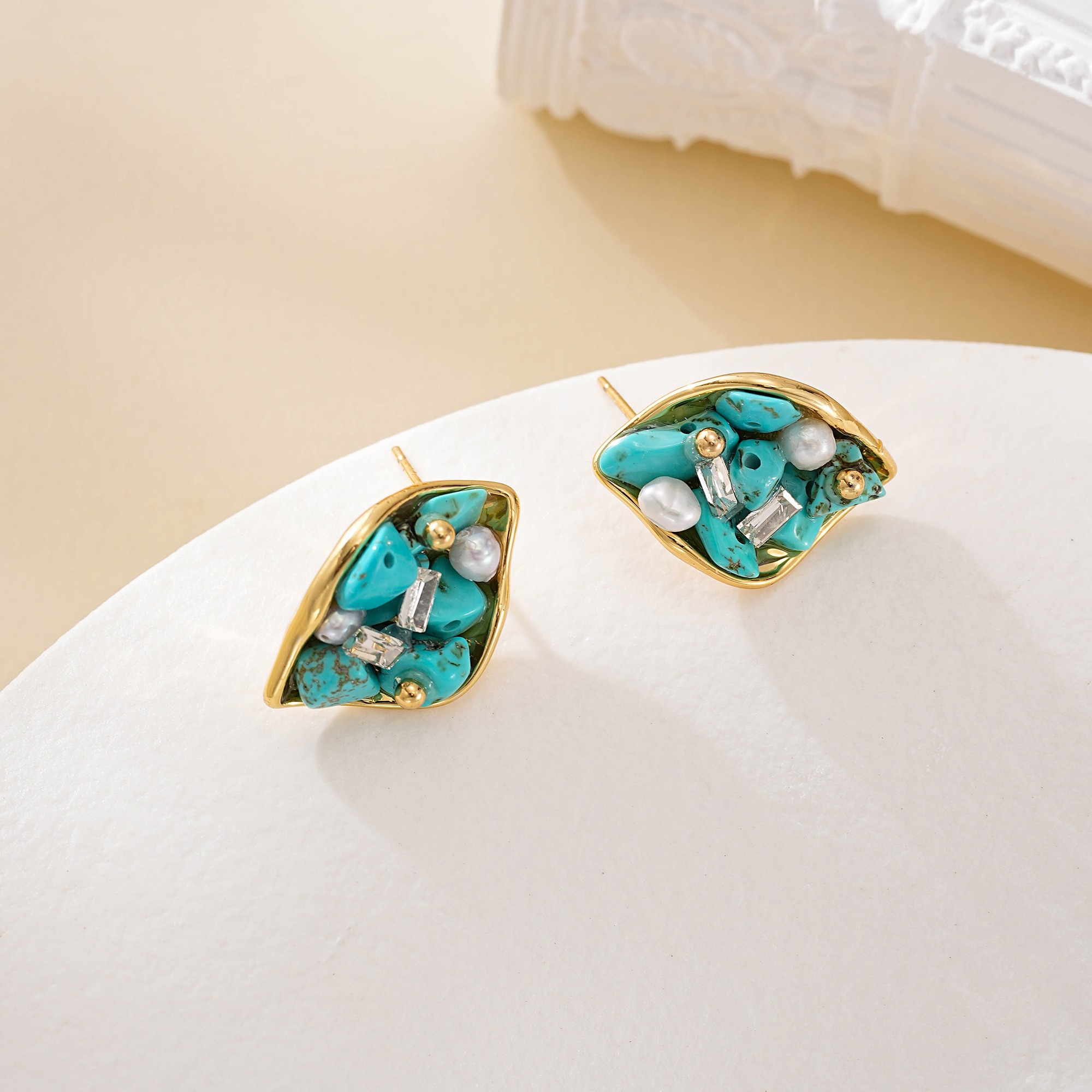 Pair of botanical stud earrings with turquoise and pearls