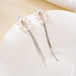 Silver-plated copper pearl cluster tassel earrings