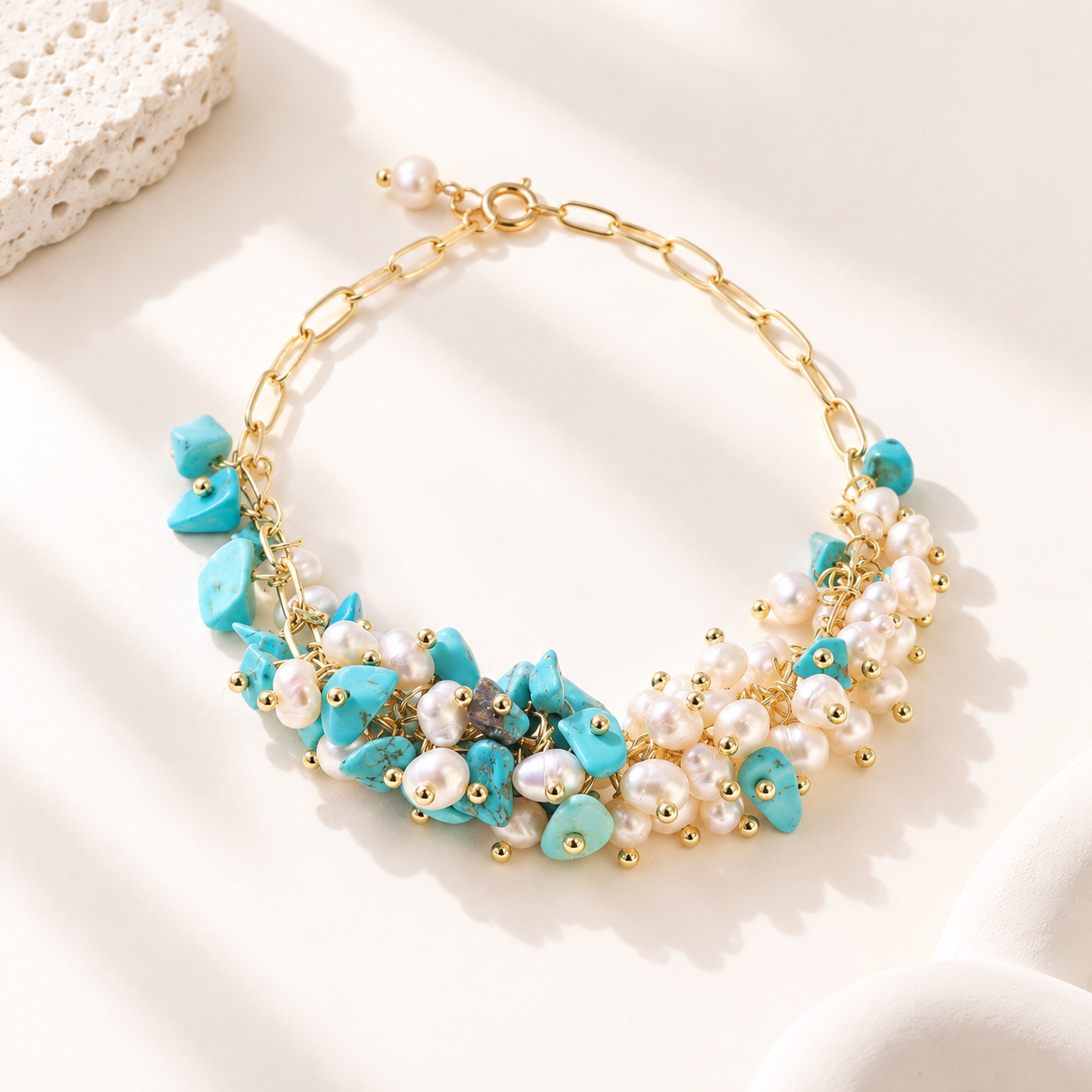 Turquoise and Freshwater Pearl Cluster Bracelet
