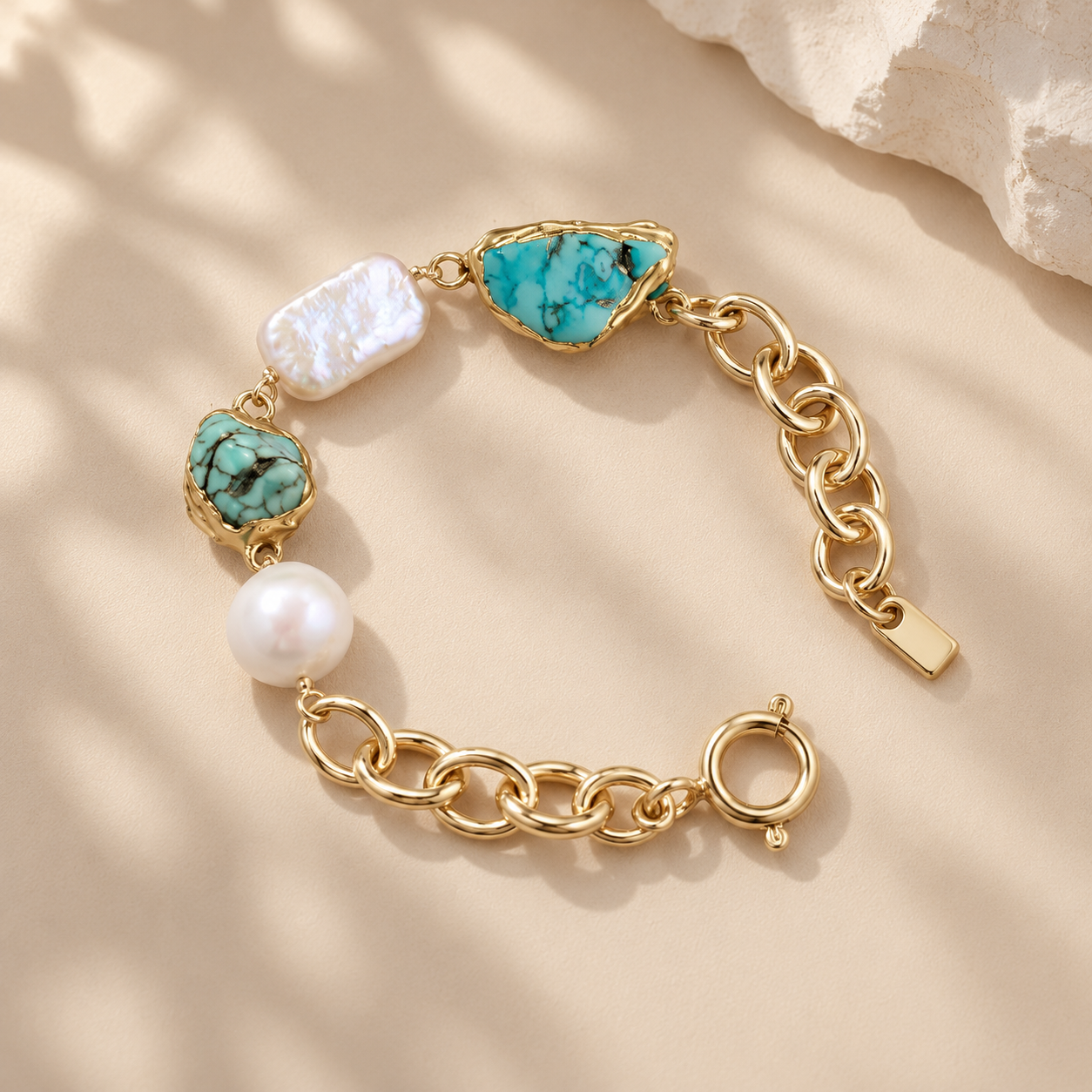 Turquoise and freshwater baroque pearl chain bracelet with gold-toned links, shown in a curved full view