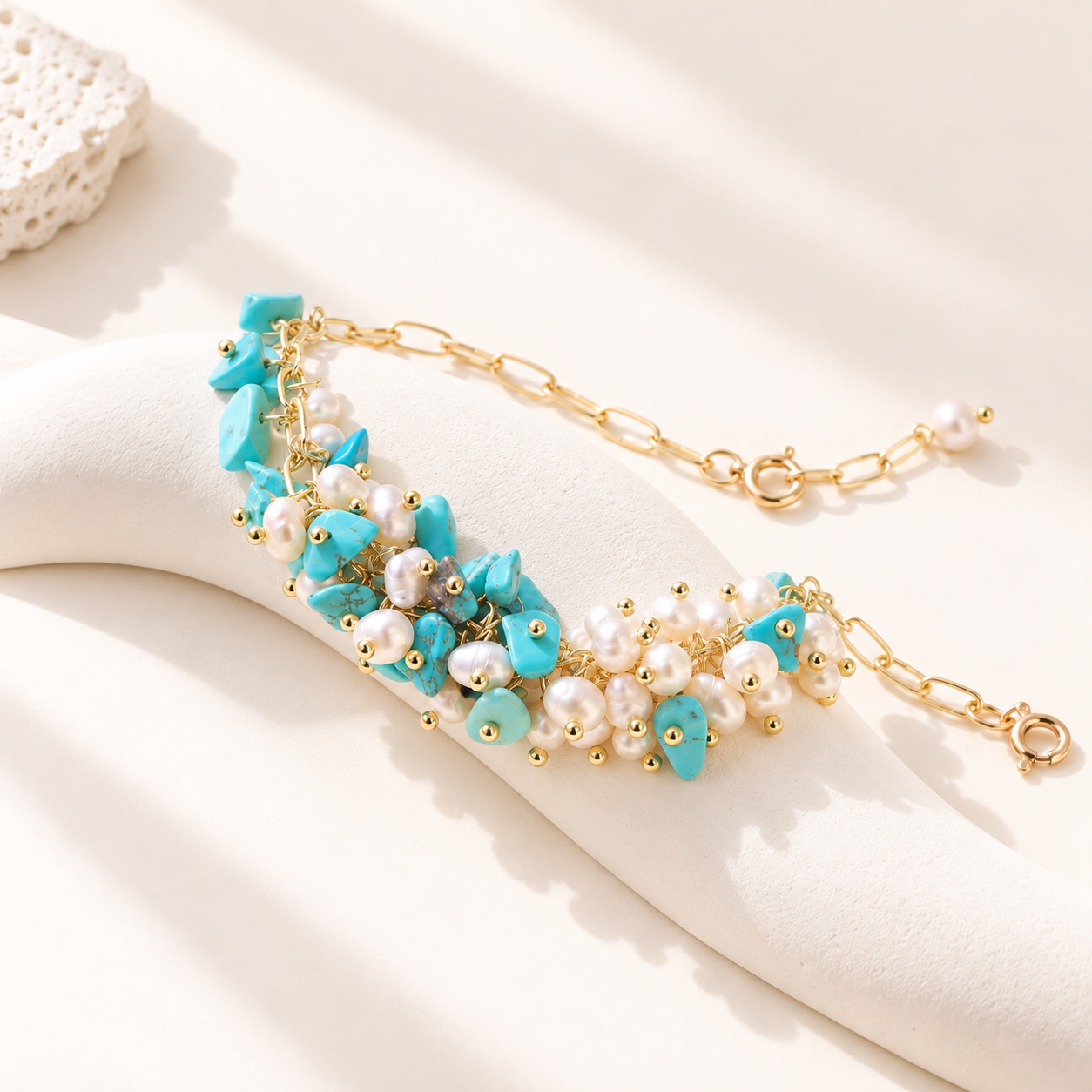 Turquoise and Freshwater Pearl Cluster Bracelet