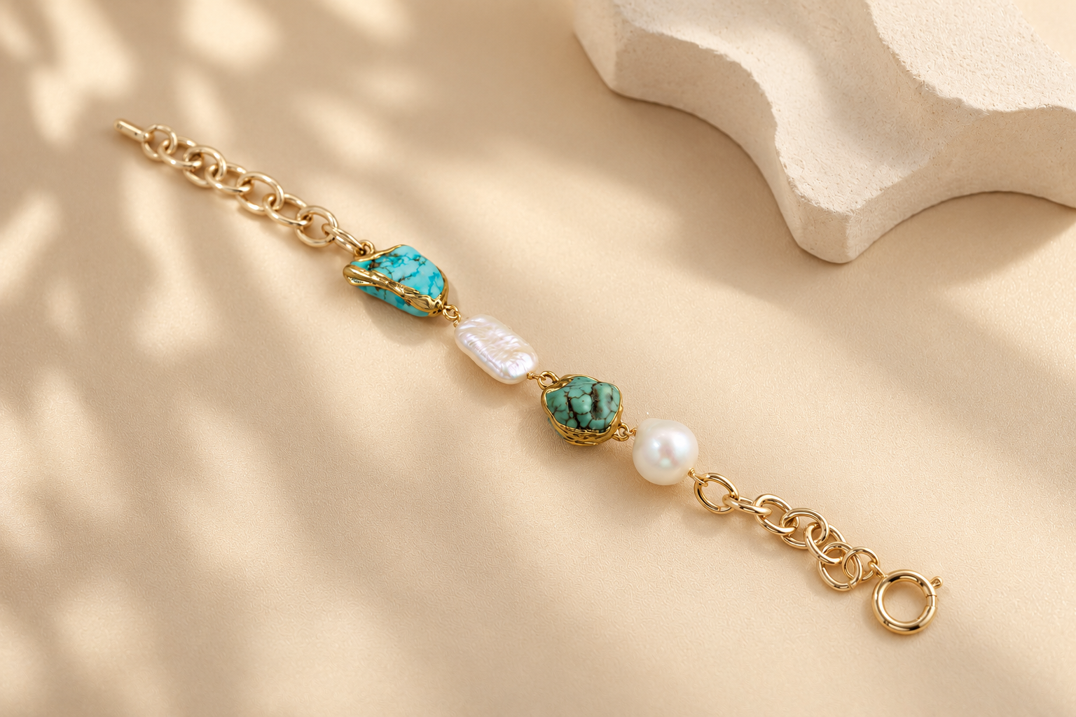 Turquoise and baroque pearl bracelet laid out to show its gold-toned chain and spring-ring clasp