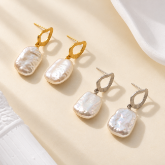 Square Baroque Pearl Oval Drop Earrings