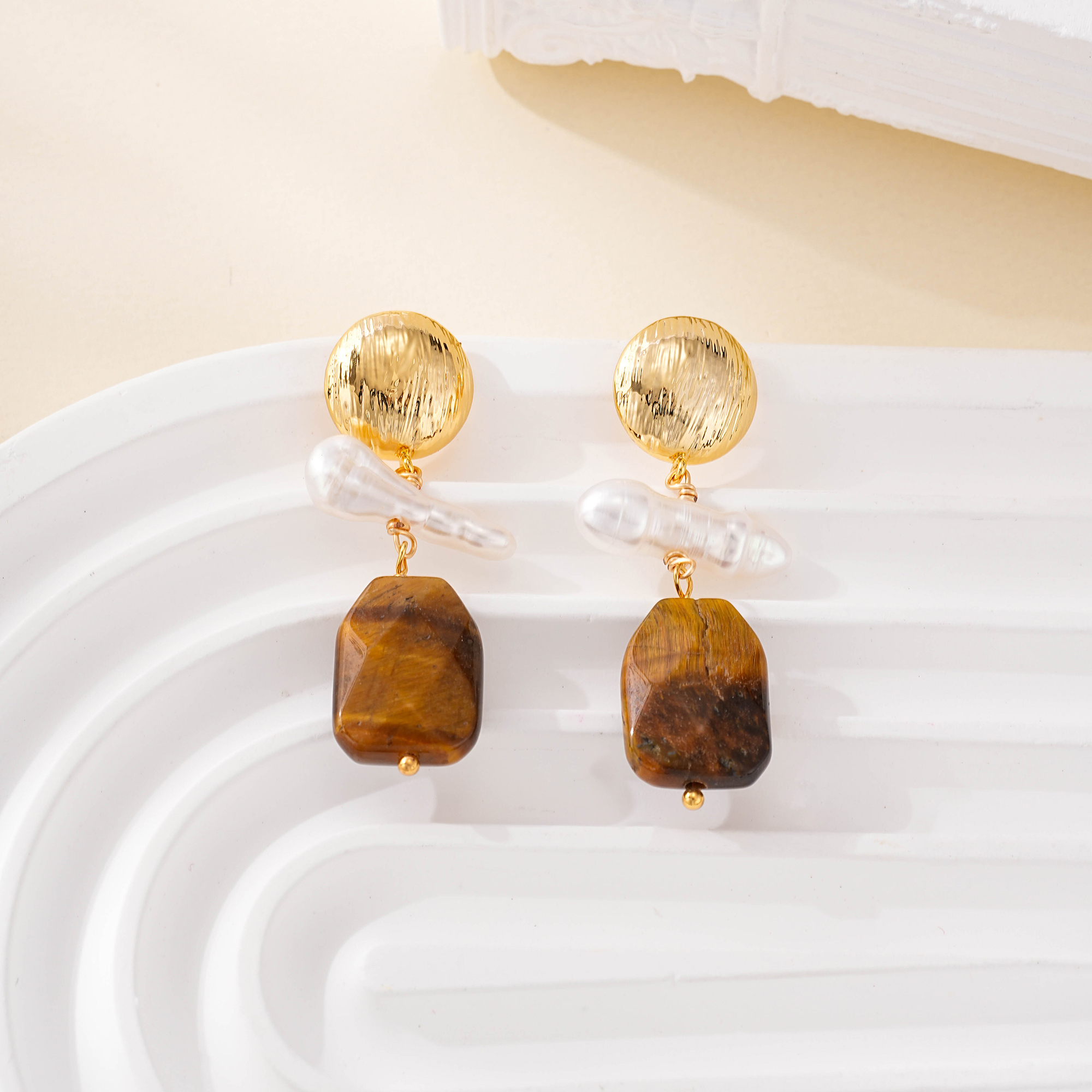 Wood geometric drop earrings with textured round studs